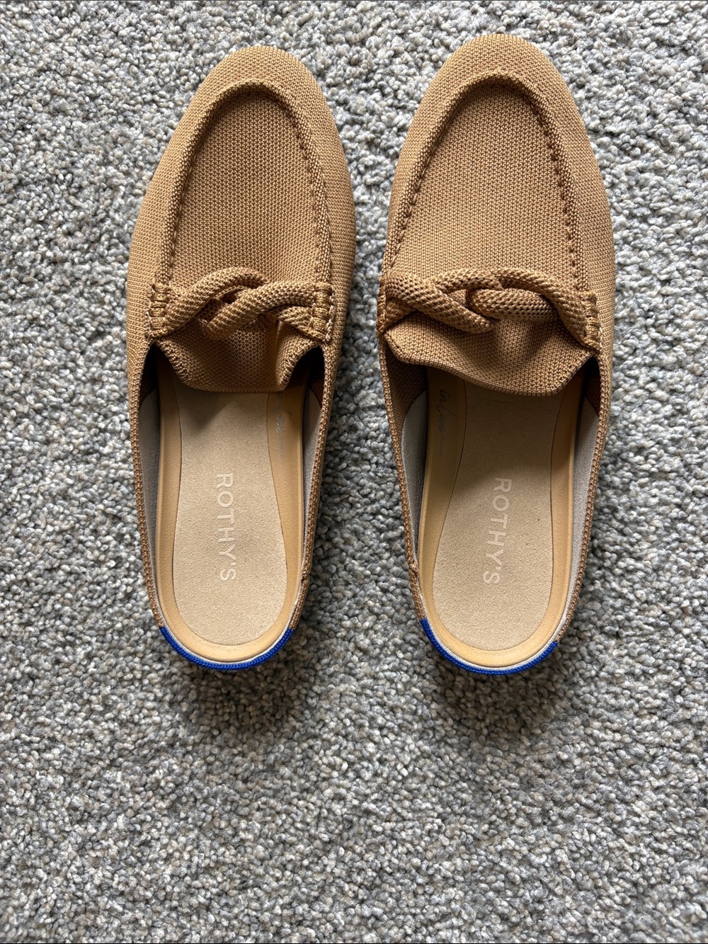 Rothy's Women’s Tan Knit Slip-On Loafers with Blue Trim